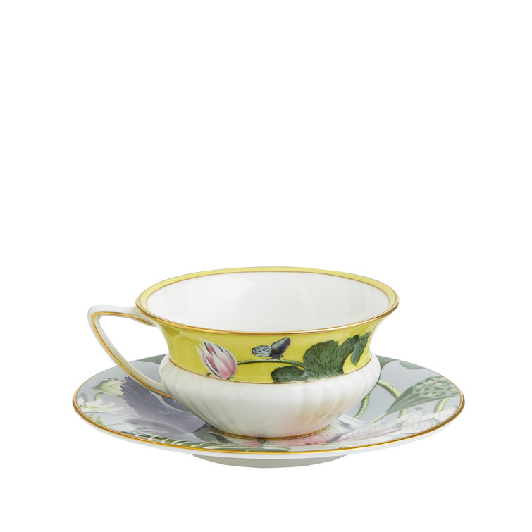 Colorful Floral Bone China Teacup and Saucer with Gold Trim