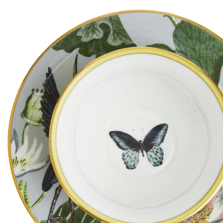 Colorful Floral Bone China Teacup and Saucer with Gold Trim