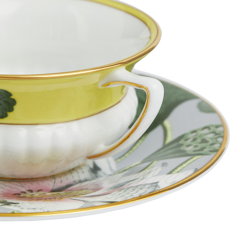 Colorful Floral Bone China Teacup and Saucer with Gold Trim