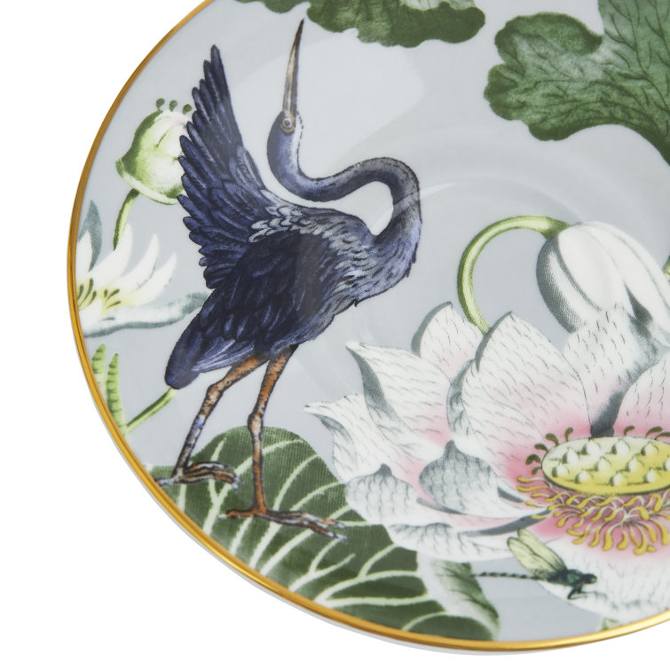 Colorful Floral Bone China Teacup and Saucer with Gold Trim