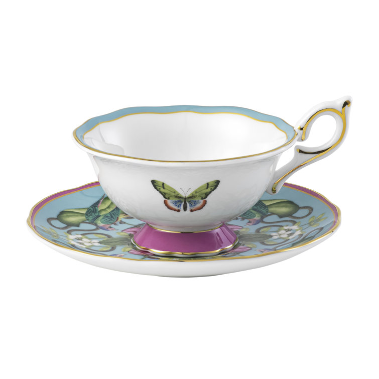 Colorful Ceramic Teacup and Saucer with Floral Print