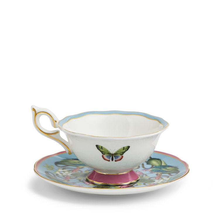 Colorful Ceramic Teacup and Saucer with Floral Print