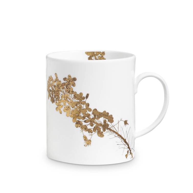 White Ceramic Mug with Gold Floral Design, 15 oz