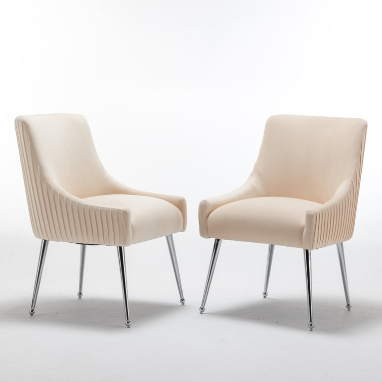 Beige Velvet Upholstered Side Chair with Metal Legs, Set of 2