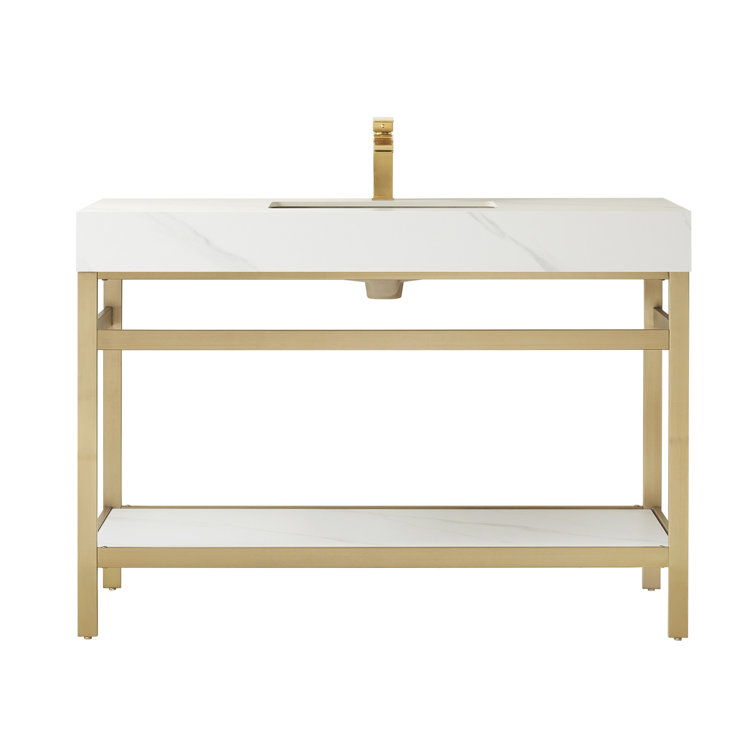 Elegant 48'' Freestanding Single Sink Bathroom Vanity in Brushed Gold with White Stone Top