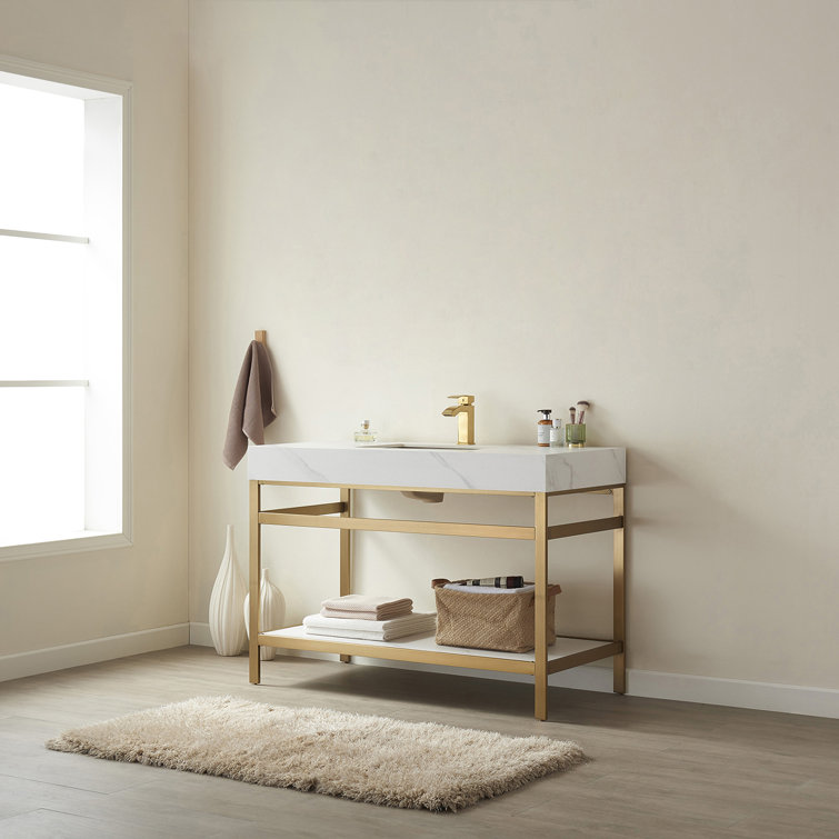 Elegant 48'' Freestanding Single Sink Bathroom Vanity in Brushed Gold with White Stone Top