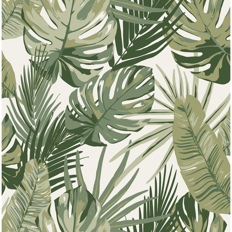 Green and White Vinyl Tropical Palm Leaf Peel & Stick Wallpaper