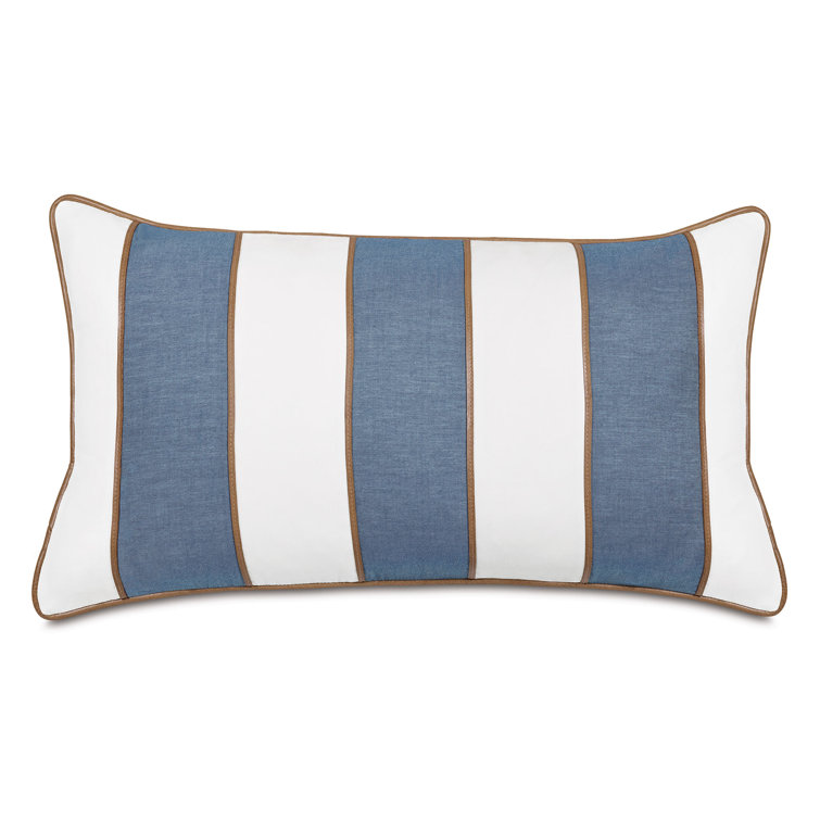 Halprin Rectangular Blue and White Cotton Pillow with Faux Leather Trim