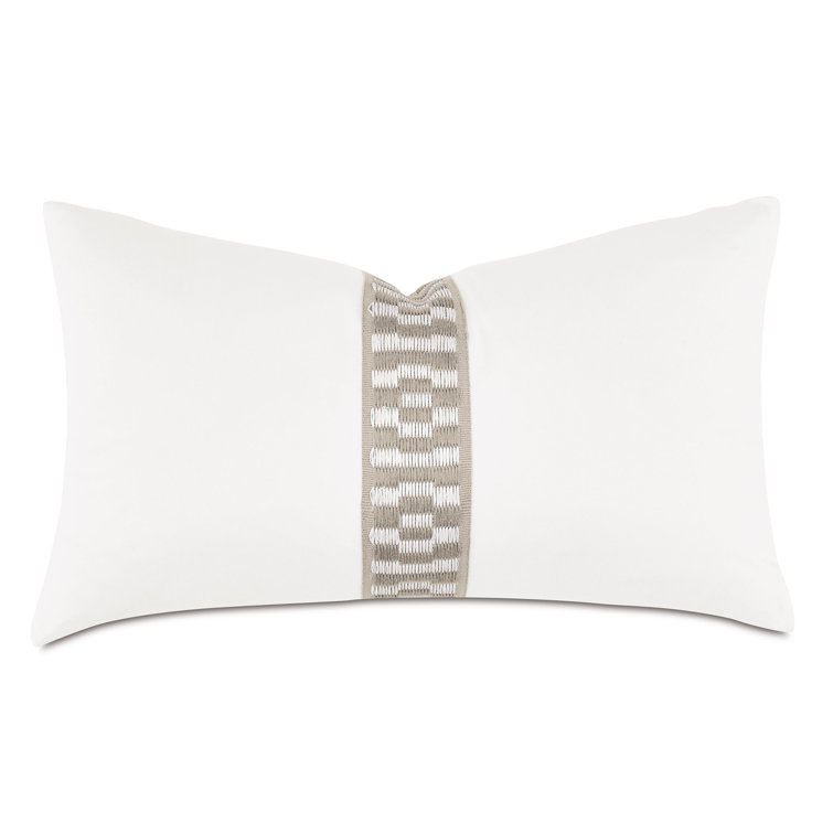 White Rectangular Cotton Pillow with Taupe Embroidered Trim