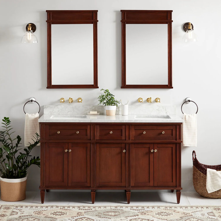 60" Antique Brown Mahogany Double Vanity with Carrara Marble Top