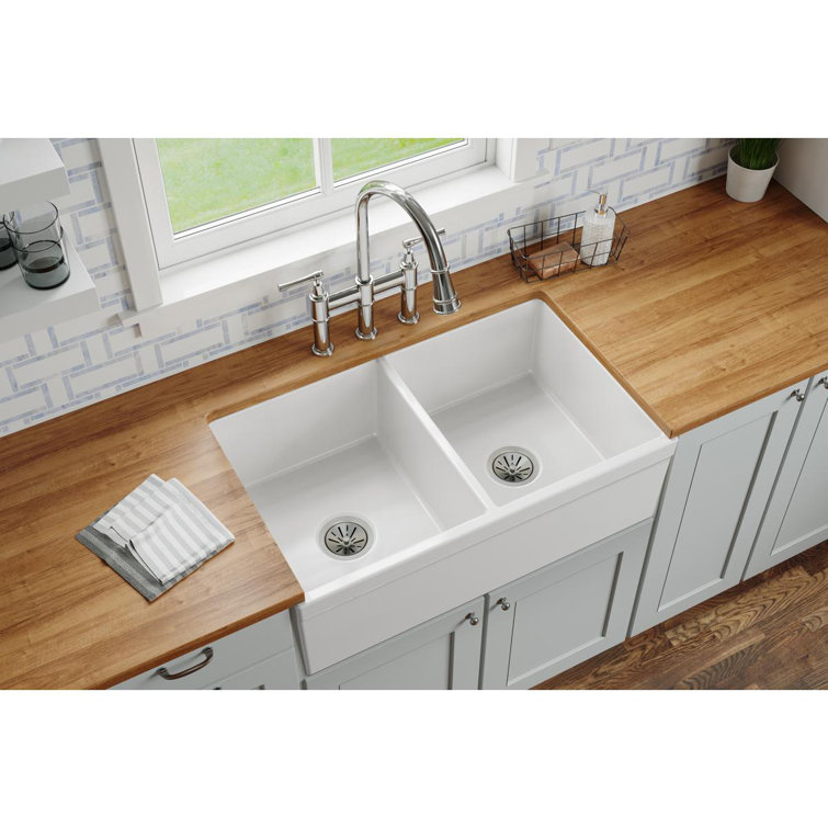 Elkay 33" White Fireclay Double Bowl Farmhouse Sink