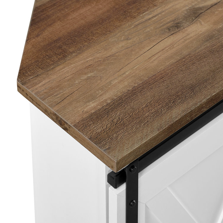White and Brown MDF Corner TV Stand with Sliding Barn Doors
