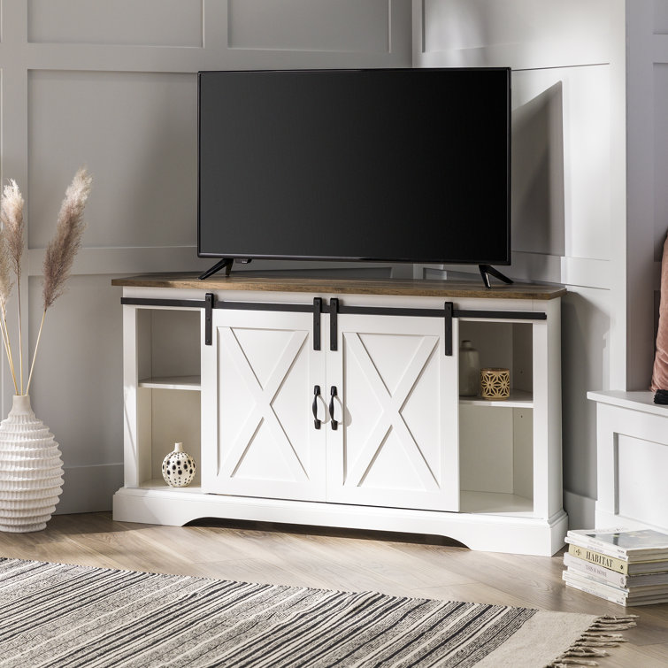 White and Brown MDF Corner TV Stand with Sliding Barn Doors