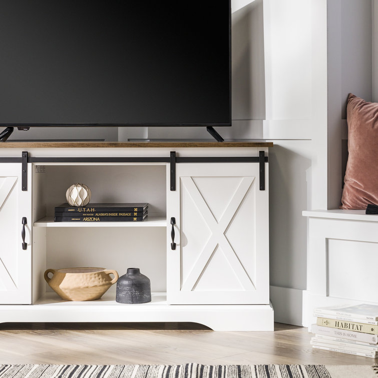 White and Brown MDF Corner TV Stand with Sliding Barn Doors