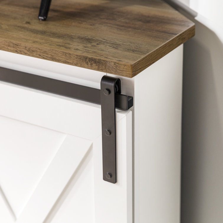 White and Brown MDF Corner TV Stand with Sliding Barn Doors