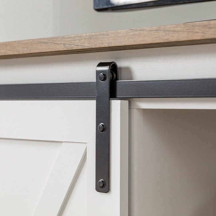 White and Brown MDF Corner TV Stand with Sliding Barn Doors
