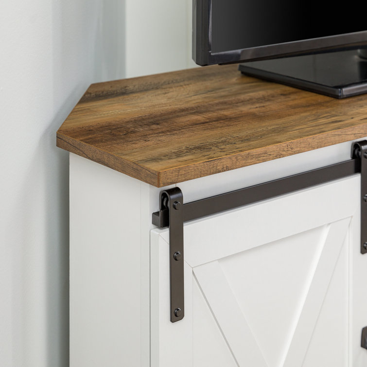 White and Brown MDF Corner TV Stand with Sliding Barn Doors