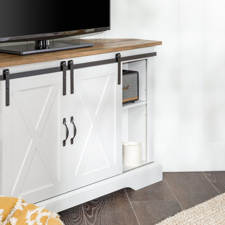 White and Brown MDF Corner TV Stand with Sliding Barn Doors