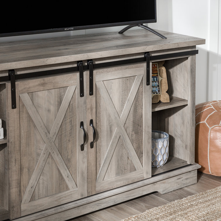 70" Gray Wash Sliding Barn Door TV Stand with Cabinet