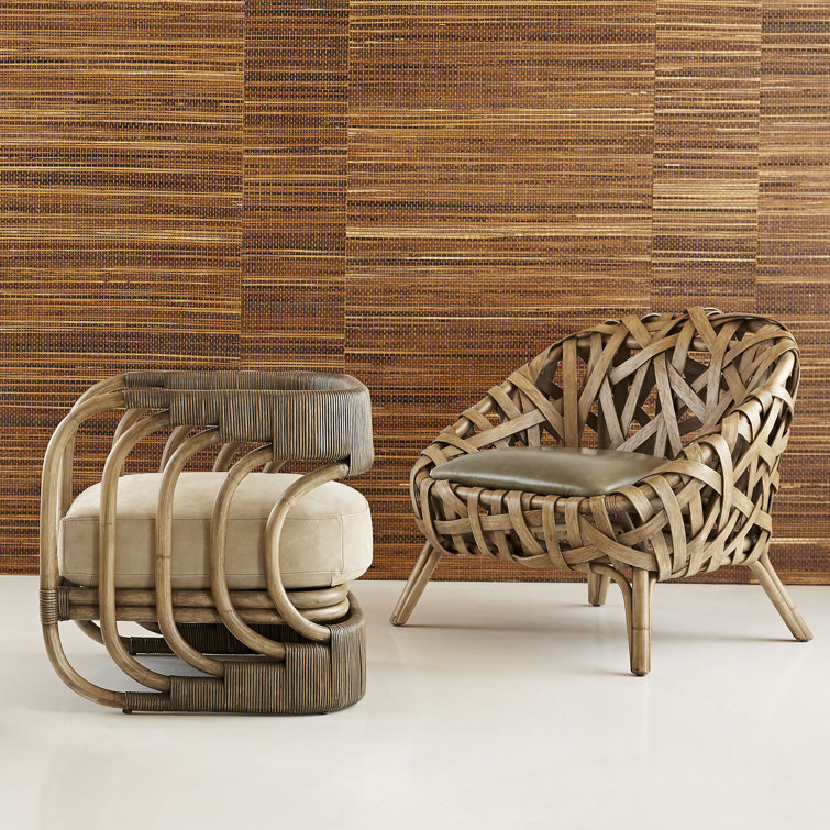 Palm Gray Rattan and Leather Handcrafted Armchair