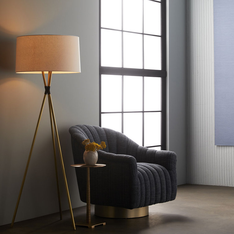 Indigo Tweed Swivel Barrel Chair with Satin Brass Base