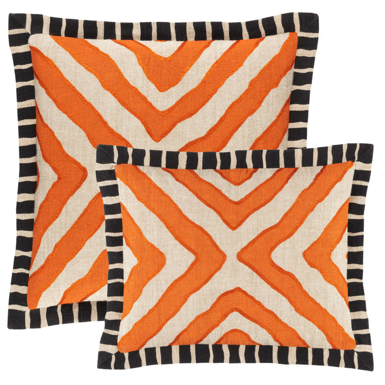Orange and Natural Linen Embroidered Decorative Pillow