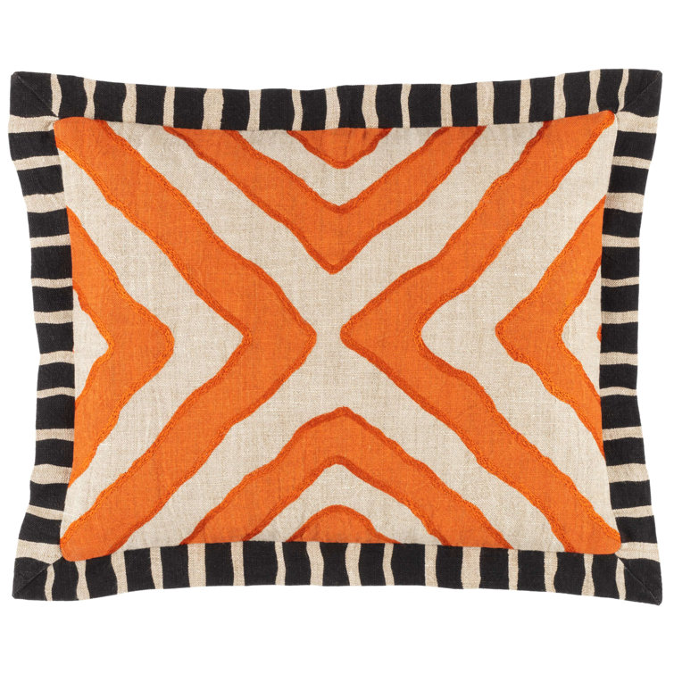 Orange and Natural Linen Embroidered Decorative Pillow