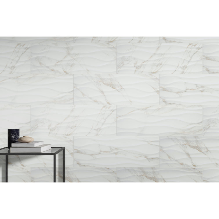 Sculpture 13" x 13" White Ceramic Marble Look Tile
