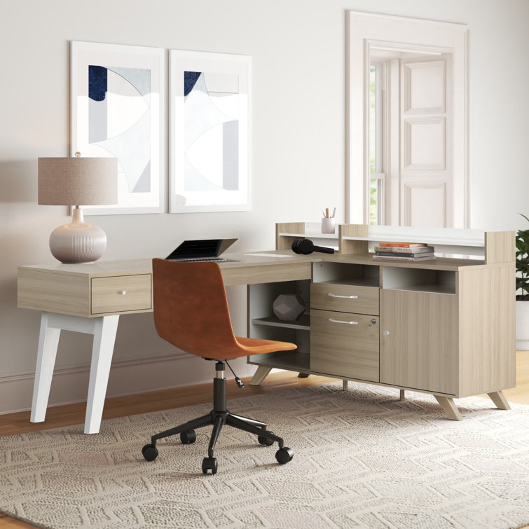 Soft Elm and White Executive Corner Desk with Hutch and Power Outlets