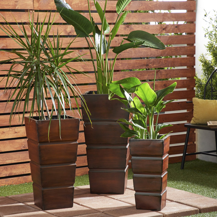 Rustic Brown Metal Indoor Outdoor Planter Set with Tapered Base
