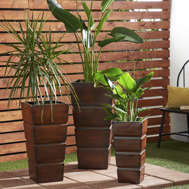 Rustic Brown Metal Indoor Outdoor Planter Set with Tapered Base