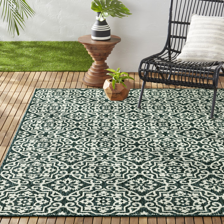 Teal Blue Geometric Synthetic Indoor/Outdoor Area Rug
