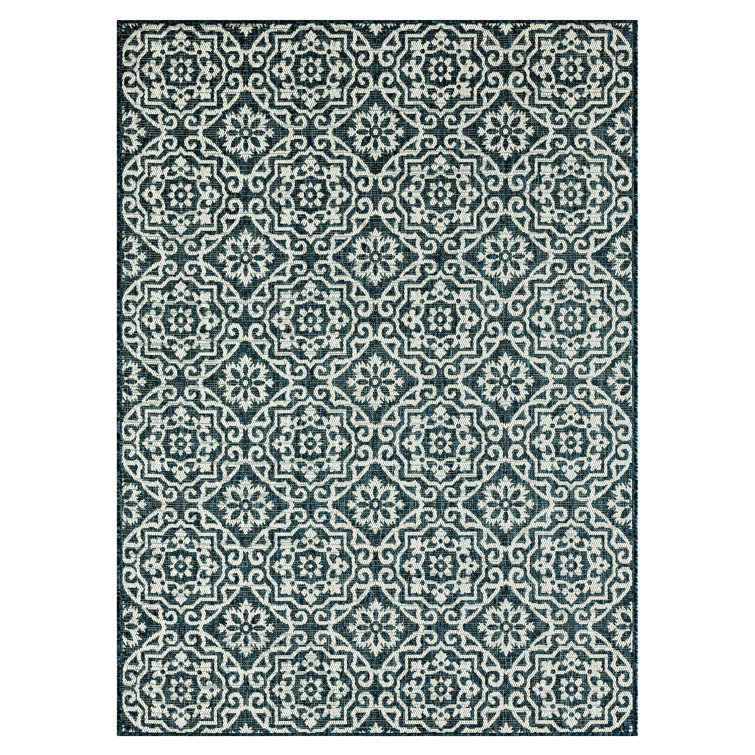 Teal Blue Geometric Synthetic Indoor/Outdoor Area Rug