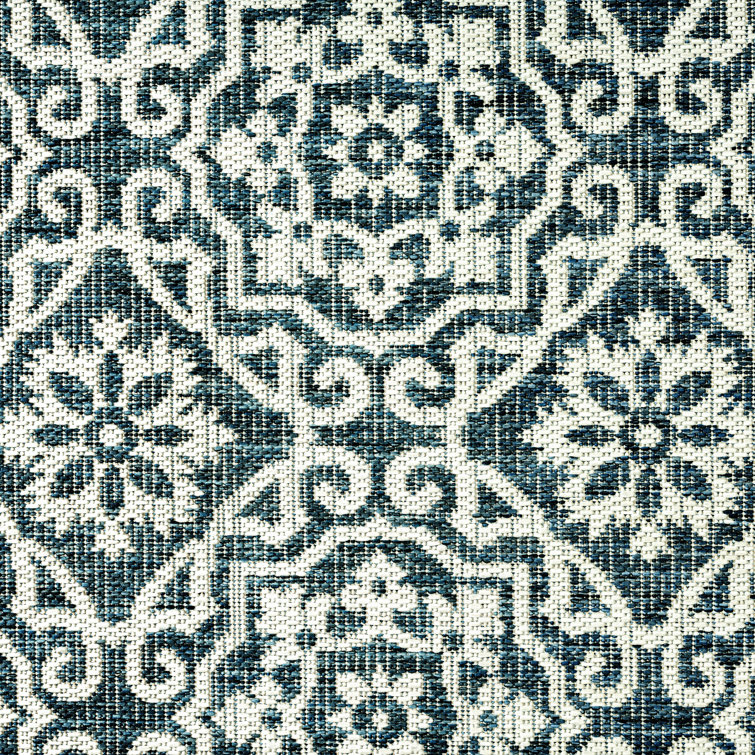 Teal Blue Geometric Synthetic Indoor/Outdoor Area Rug