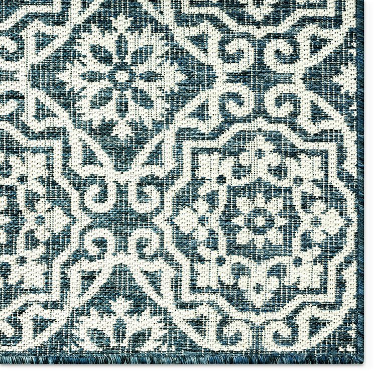Teal Blue Geometric Synthetic Indoor/Outdoor Area Rug