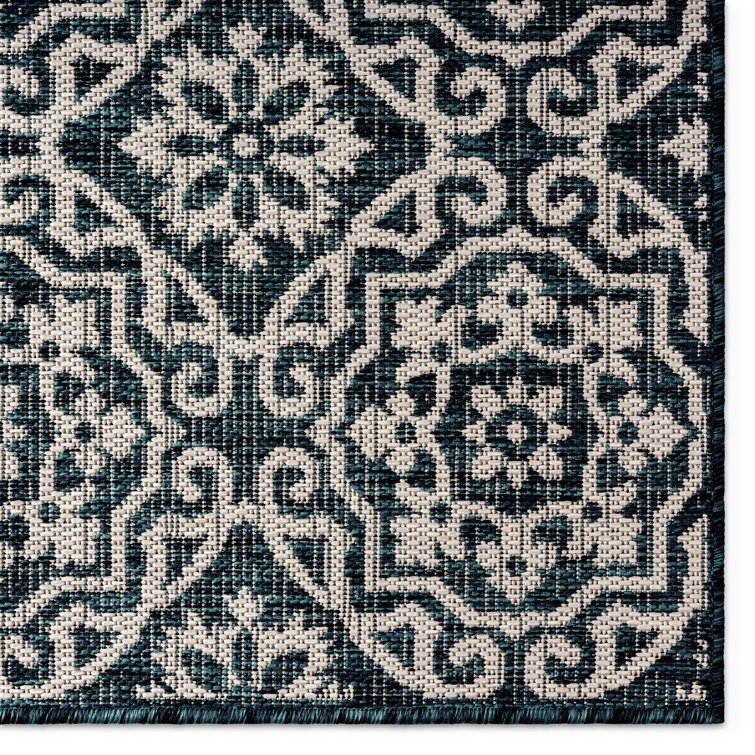 Navy Blue and Ivory Geometric Synthetic 8' x 10' Area Rug