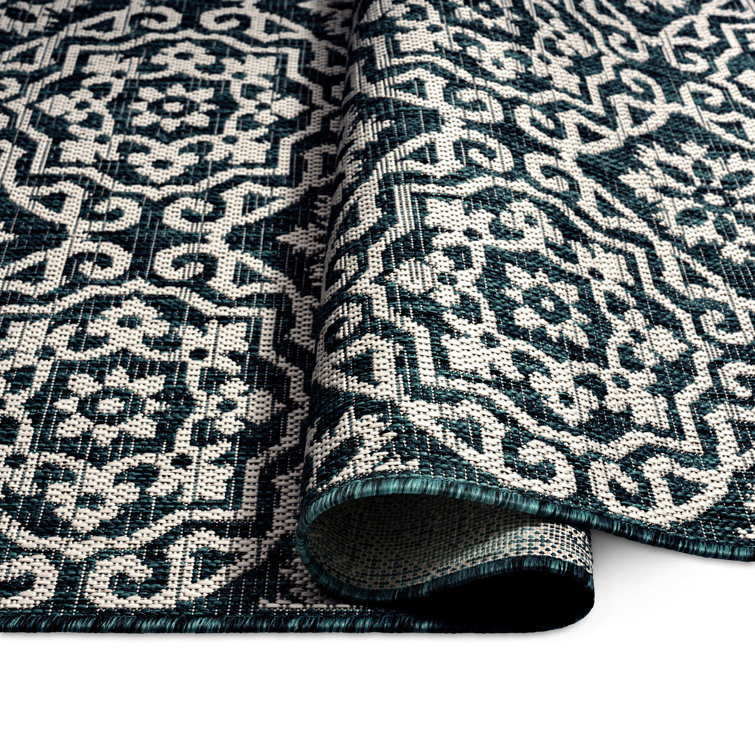 Navy Blue and Ivory Geometric Synthetic 8' x 10' Area Rug