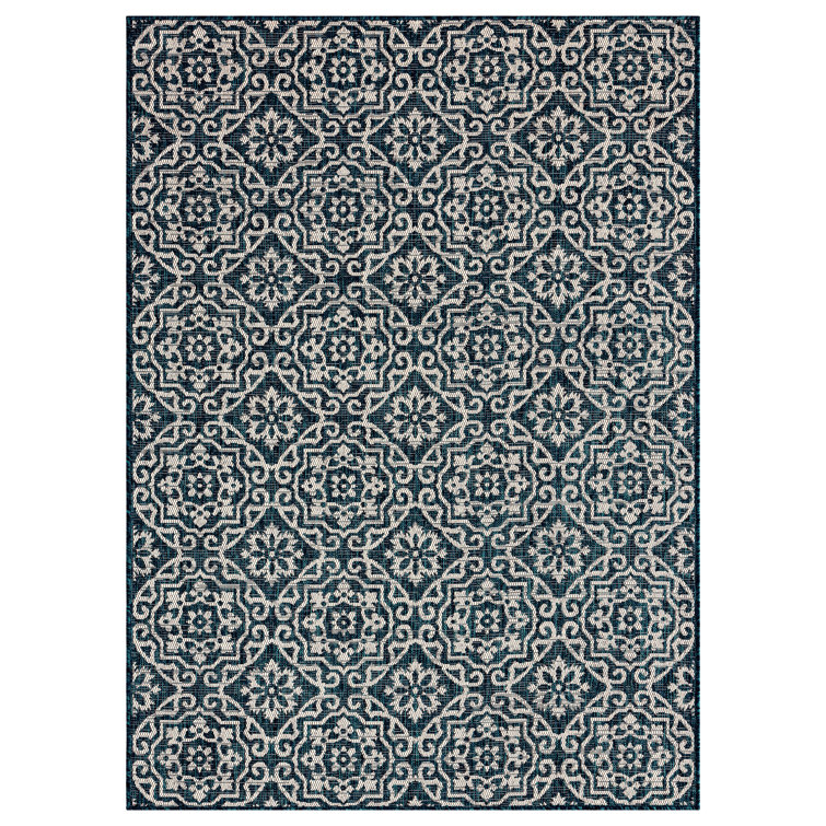 Navy Blue and Ivory Geometric Synthetic 8' x 10' Area Rug