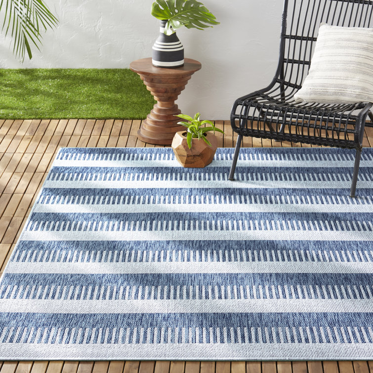 Aqua and Ivory Striped Synthetic 8' x 10' Rectangular Area Rug
