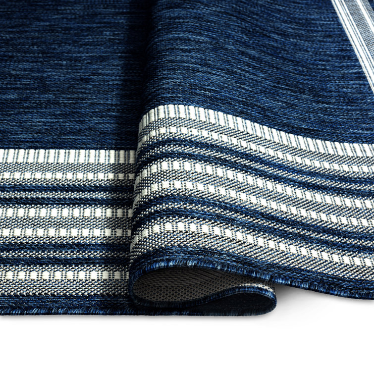 Navy Blue and Ivory Stripe Synthetic 8' x 10' Area Rug