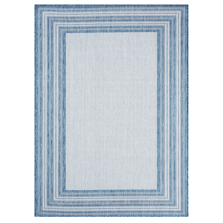 Blue and Ivory Striped Synthetic Indoor/Outdoor Area Rug
