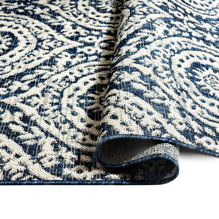 Navy Blue and Ivory Synthetic Moroccan Damask Area Rug