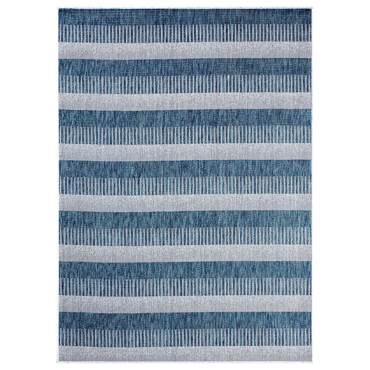 Aqua and Ivory Striped Synthetic 8' x 10' Rectangular Area Rug