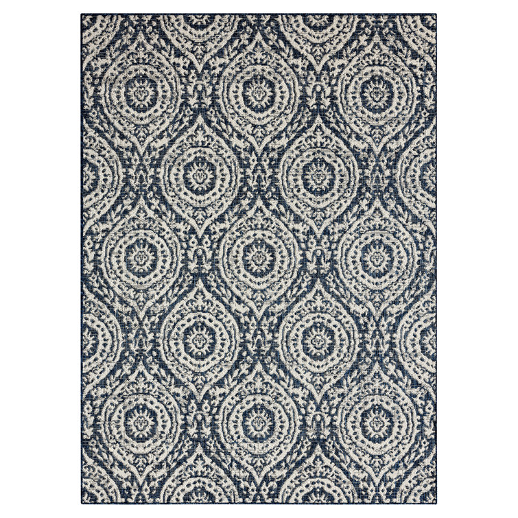 Navy Blue and Ivory Synthetic Moroccan Damask Area Rug