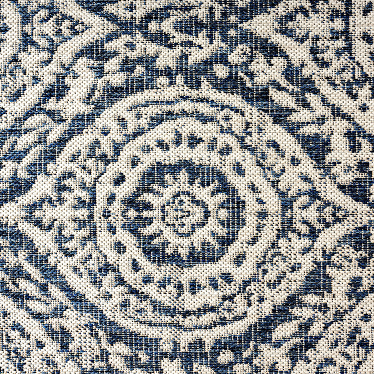 Navy Blue and Ivory Synthetic Moroccan Damask Area Rug