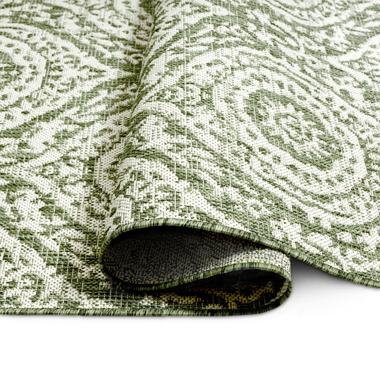 Olive and Ivory Moroccan Damask Indoor/Outdoor Rug