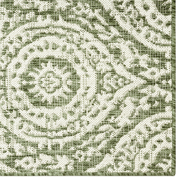 Olive and Ivory Moroccan Damask Indoor/Outdoor Rug