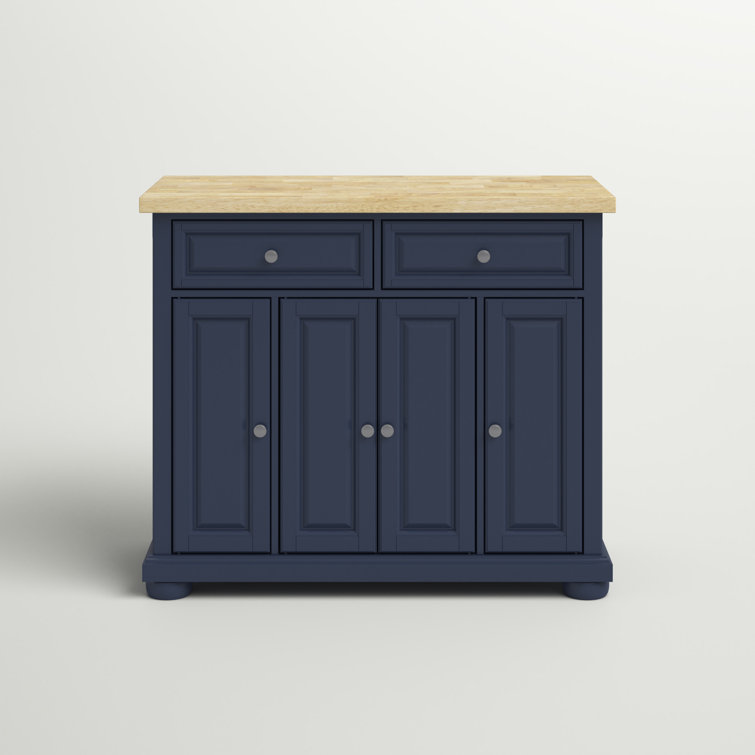 Navy Solid Wood Butcher Block Kitchen Island with Storage