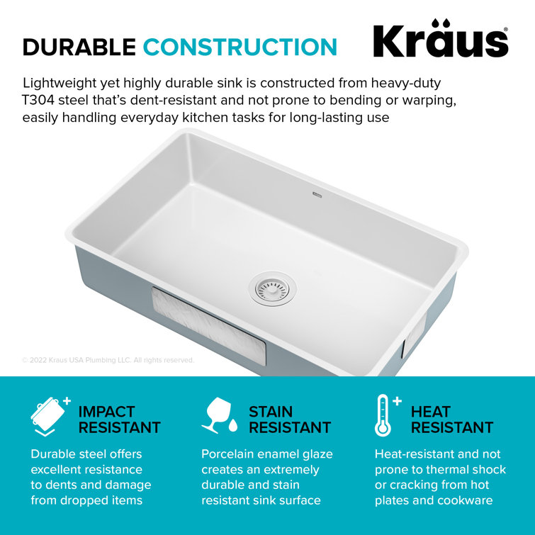 White Porcelain Enameled Steel Undermount Single Bowl Kitchen Sink