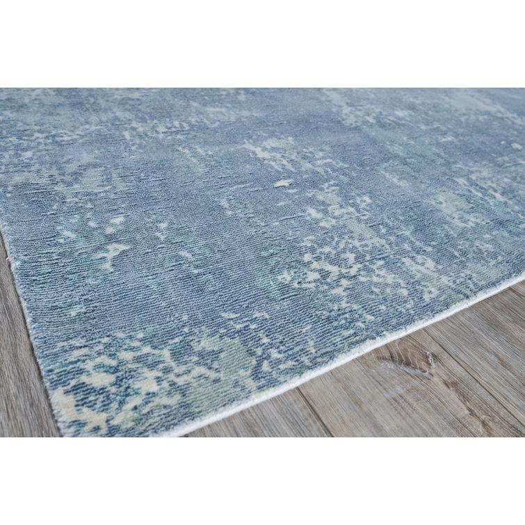 Handmade Blue Abstract Wool and Viscose 10' x 14' Rug